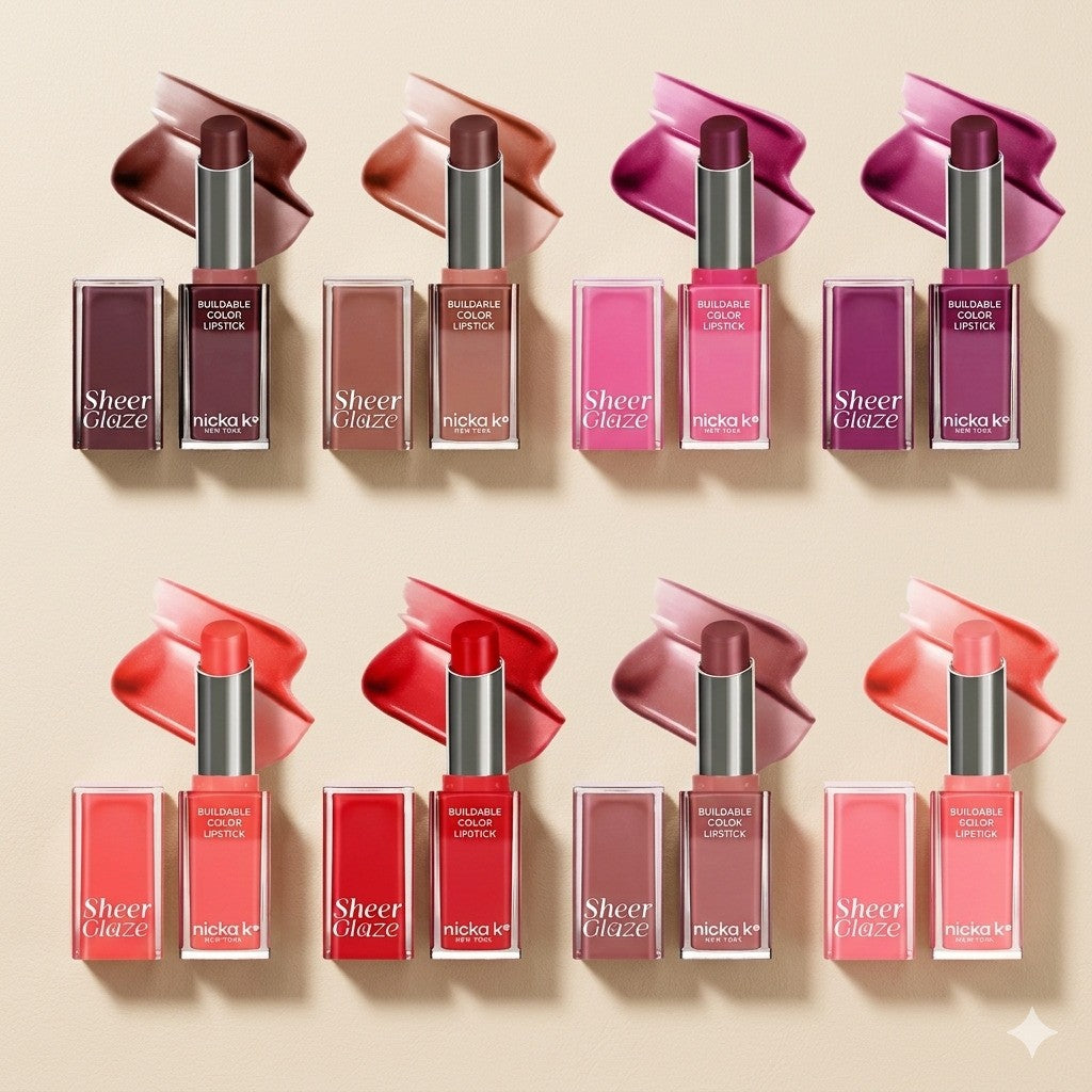 NICKA K NEWYORK Sheer Glaze Buildable Color Lipstick in a sleek tube, showcasing its smooth, colorful lip makeup formula.