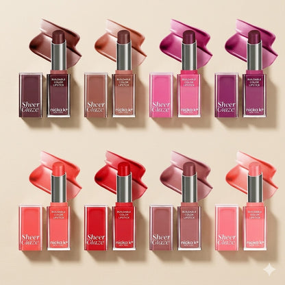 NICKA K NEWYORK Sheer Glaze Buildable Color Lipstick in a sleek tube, showcasing its smooth, colorful lip makeup formula.