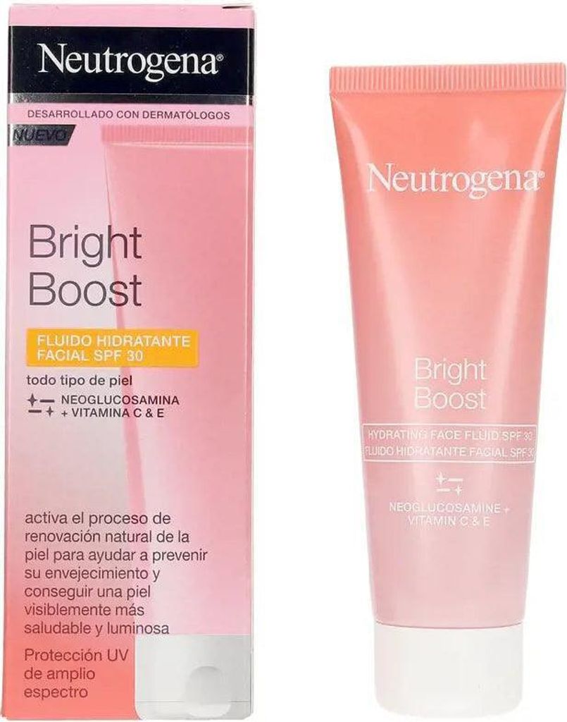 Johnson and Johnson Bright Boost moisturizer with Neoglucosamine, Vitamin C, E, SPF 30 gel fluid in a 50ml bottle.