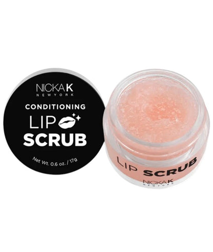 NICKA K NEWYORK Conditioning Lip Scrub in a clear jar with a textured lip exfoliant, designed for gentle lip care.