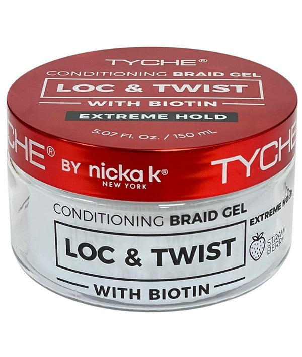 NICKA K NEWYORK Tyche Loc and Twist Braid Gel for strong, conditioning braids, featuring biotin for hair health and extreme hold.