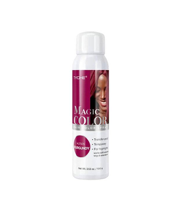 NICKA K Newyork Tyche Magic Color Burgundy hair spray showing vibrant burgundy hair color on styled hair.