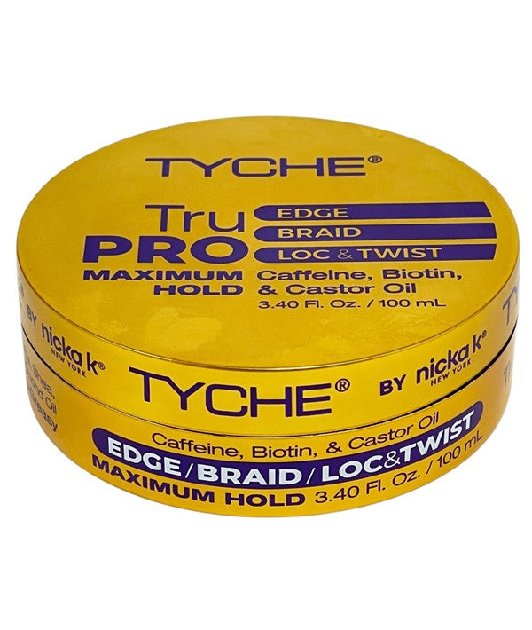 Nicka K New York Tyche Tru Pro 3-in-1 maximum hold edge control gel for sleek, styled hair with smooth edges.