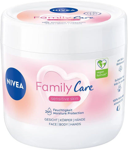 Nivea Family Care Moisturising Cream jar with blue lid, smooth creamy texture, and Nivea branding on the label.