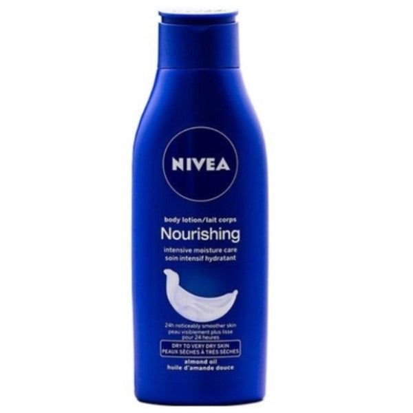 Nivea Nourishing Intensive Moisture Body Lotion bottle with white and blue packaging, designed for deep hydration and skin care.