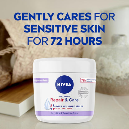 Nivea Repair and Care Body Cream jar showing the creamy moisturizer with a white and blue label for nourishing skin.