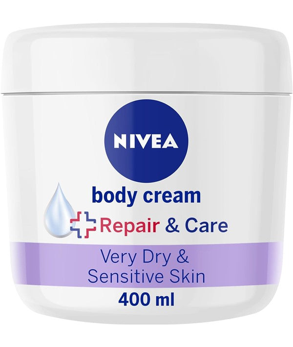 Nivea Repair and Care Body Cream in a 400ml jar, showing the smooth, nourishing cream for skin repair and hydration.