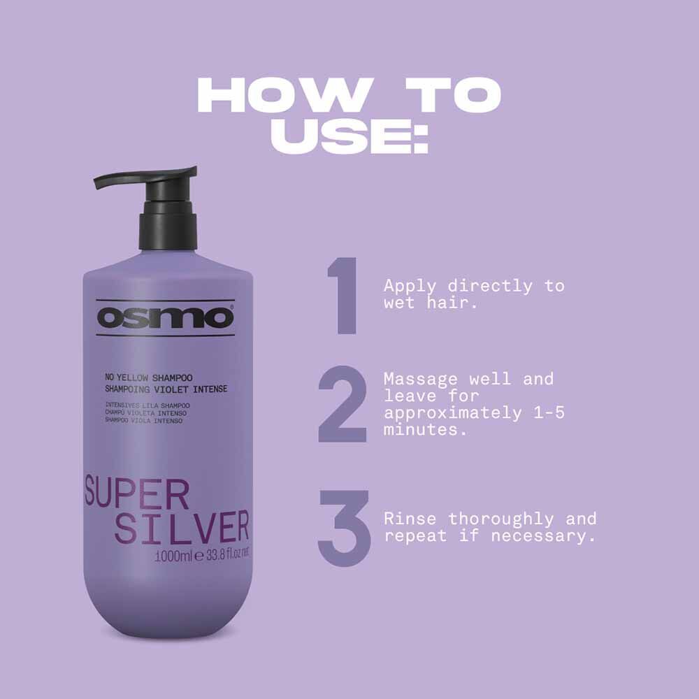 Osmo Super Silver No Yellow Shampoo bottle, 1000ml, showing the silver shampoo designed to reduce yellow tones in hair.