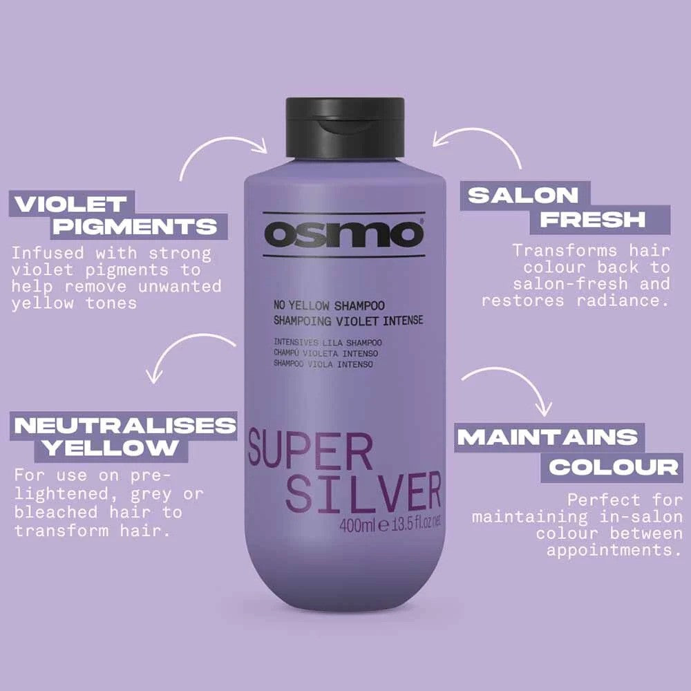 Osmo Super Silver No Yellow Shampoo bottle, 400ml, with silver and purple labeling, showcasing the shampoo&
