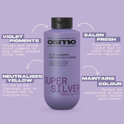 Osmo Super Silver No Yellow Shampoo bottle, 400ml, with silver and purple labeling, showcasing the shampoo&