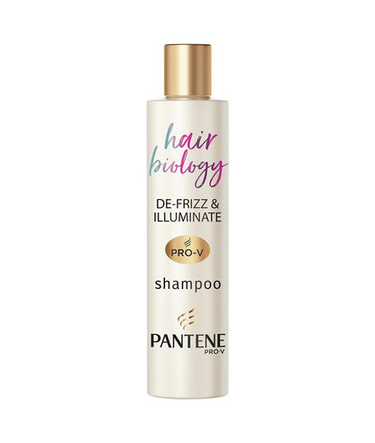 Pantene Hair Biology De Frizz and Illuminate Shampoo bottle with label, designed to smooth frizz and add shine to hair