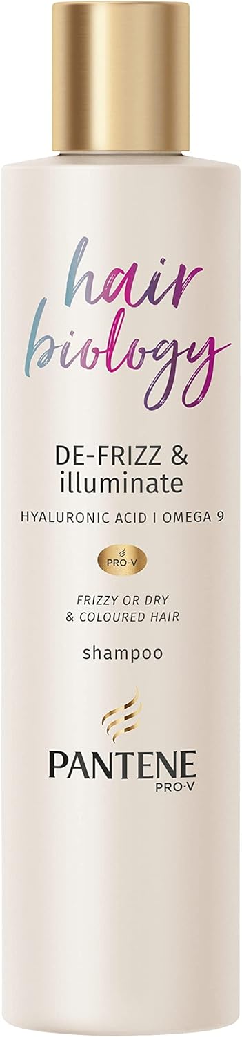 Pantene Hair Biology De Frizz and Illuminate Shampoo bottle with sleek design and label showing product details