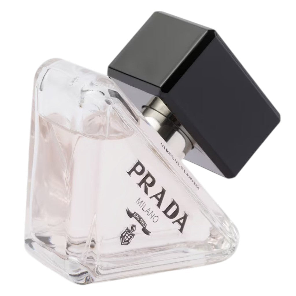 Prada Paradoxe Virtual Flower Eau de Parfum for Her, elegant perfume bottle with floral design and Prada branding.