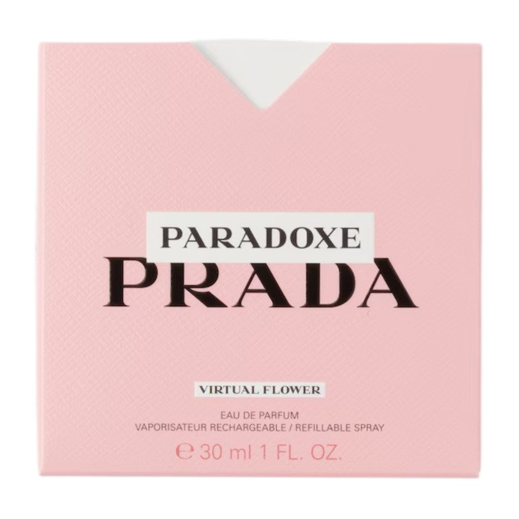 Prada Paradoxe Virtual Flower Eau de Parfum for Her, elegant perfume bottle with floral design and Prada branding.