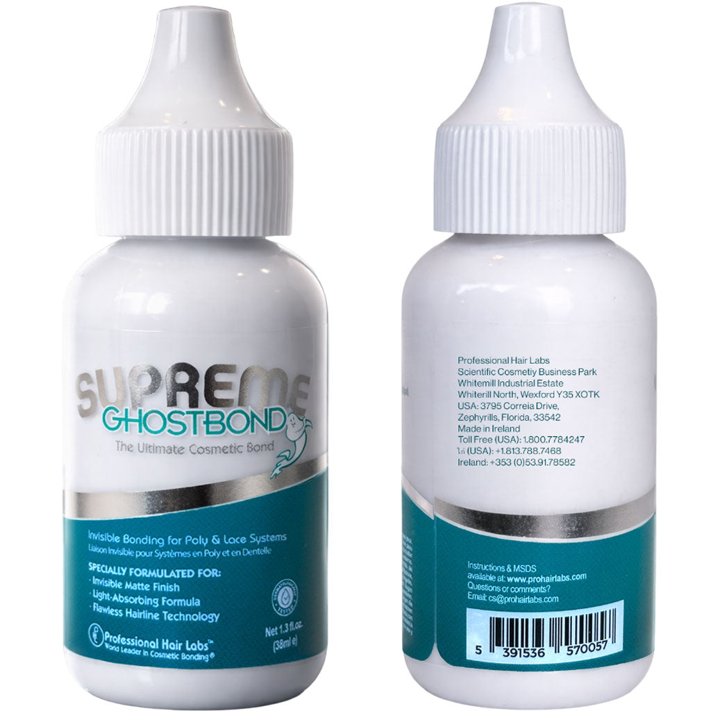 Professional Hair Labs Ghost Bond Supreme hair adhesive in a jar, used as a professional hair accessory for secure wig and hairpiece attachment.