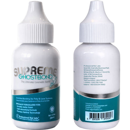 Professional Hair Labs Ghost Bond Supreme hair adhesive in a jar, used as a professional hair accessory for secure wig and hairpiece attachment.