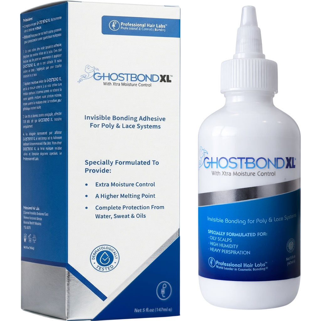Professional Hair Labs Ghost Bond XL hair adhesive in a tube, showing its packaging and applicator tip.