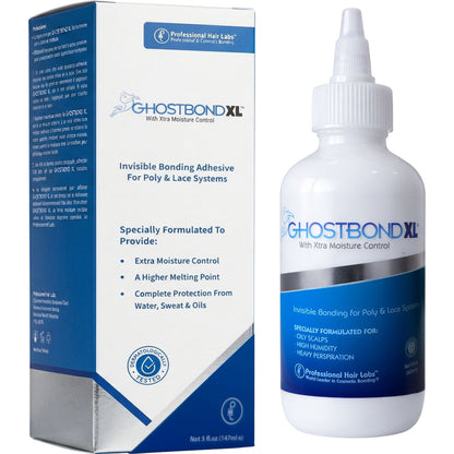 Professional Hair Labs Ghost Bond XL hair adhesive in a tube, showing its packaging and applicator tip.