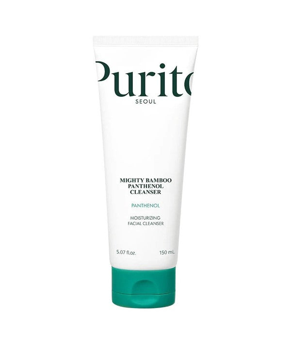 Purito Seoul Mighty Bamboo Panthenol Facial Cleanser bottle, 150ml, K-beauty skincare product for gentle cleansing and hydration.