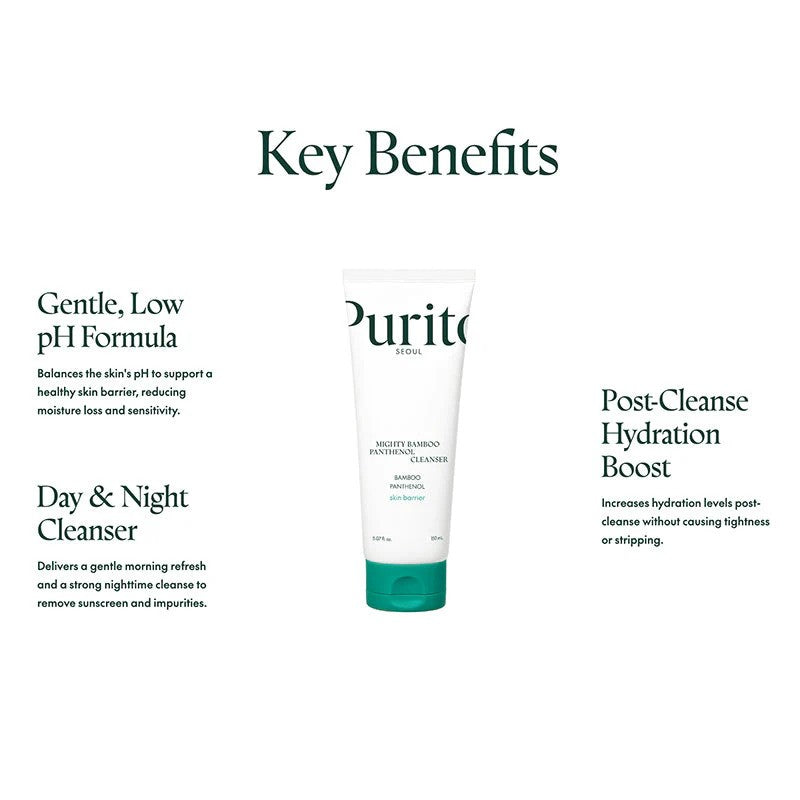 Purito Seoul Mighty Bamboo Panthenol Facial Cleanser bottle with label, 150ml, K-beauty skincare product for gentle cleansing.