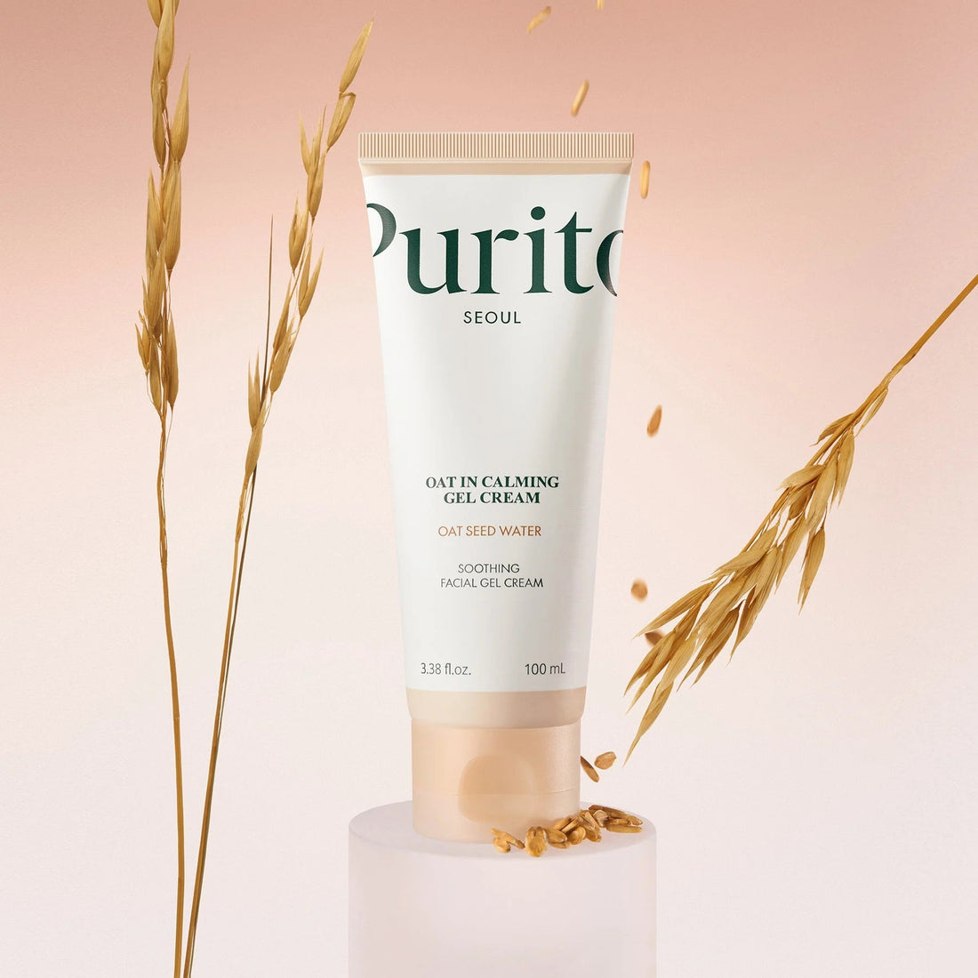 Purito Seoul Oat In Calming Gel Cream, a soothing K-Beauty moisturizer in a 100ml jar with a white and green label.