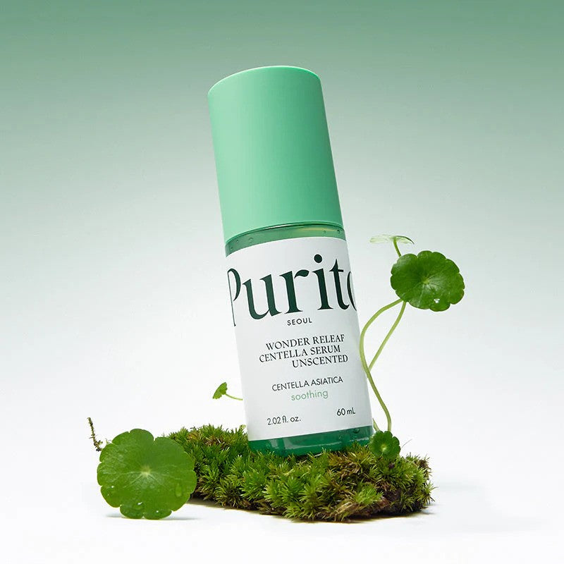 Purito Seoul Wonder Releaf Centella Serum Unscented in a 60ml bottle, featuring clear serum and minimalist packaging.