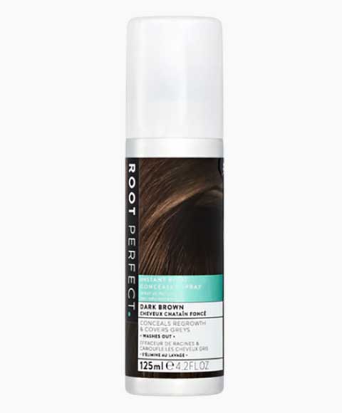 Root Perfect instant root concealer spray in dark brown, a hair color spray for quick coverage of roots.