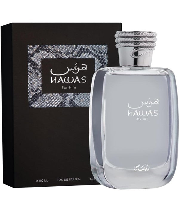 Rasasi Hawas For Him Eau De Parfum bottle with sleek design and branding, displayed against a neutral background.