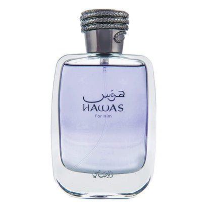 Rasasi Hawas For Him Eau De Parfum bottle with sleek design and logo, showcasing the fragrance for men.