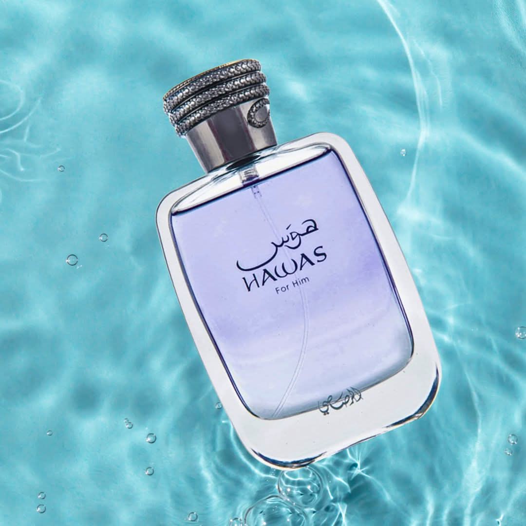 Rasasi Hawas For Him Eau De Parfum bottle with sleek design and black cap, showcasing the men&