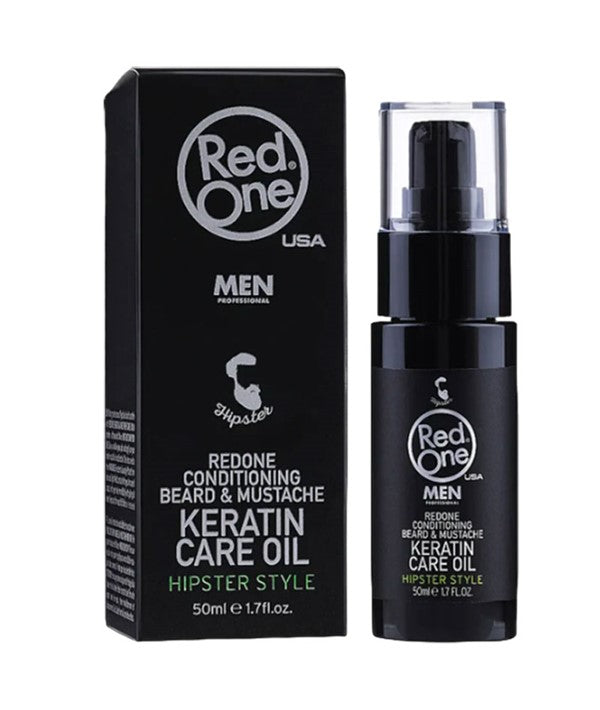 Red One hipster style keratin beard and mustache oil in a clear bottle, designed for conditioning and caring for facial hair.