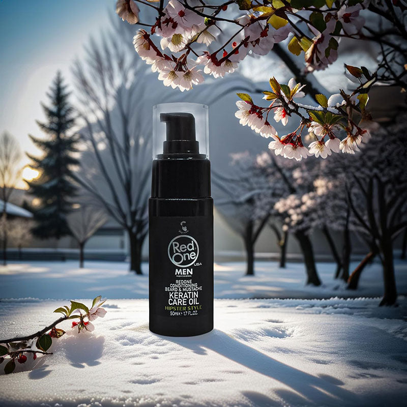 Red One hipster style keratin beard and mustache conditioning oil in a clear bottle with a black cap, designed for hair serum and oil use.