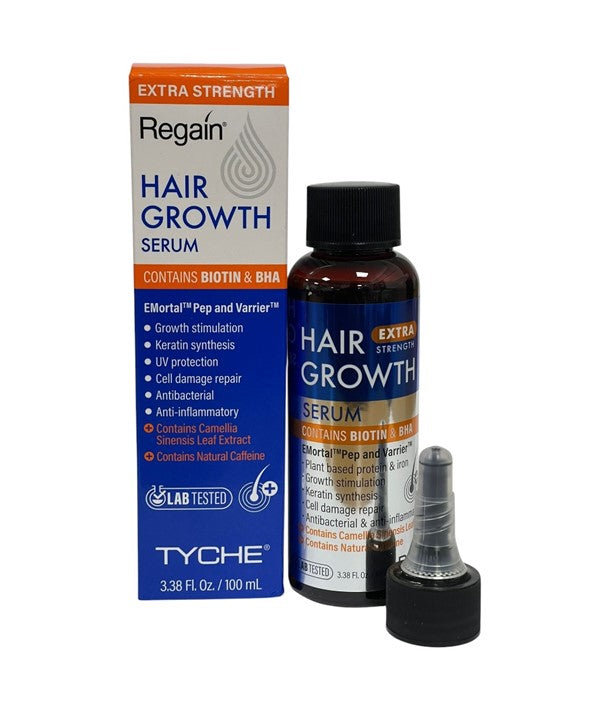NICKA K NEWYORK Regain Hair Growth Serum Extra Strength in a 150ml bottle, showing the clear serum and product packaging.