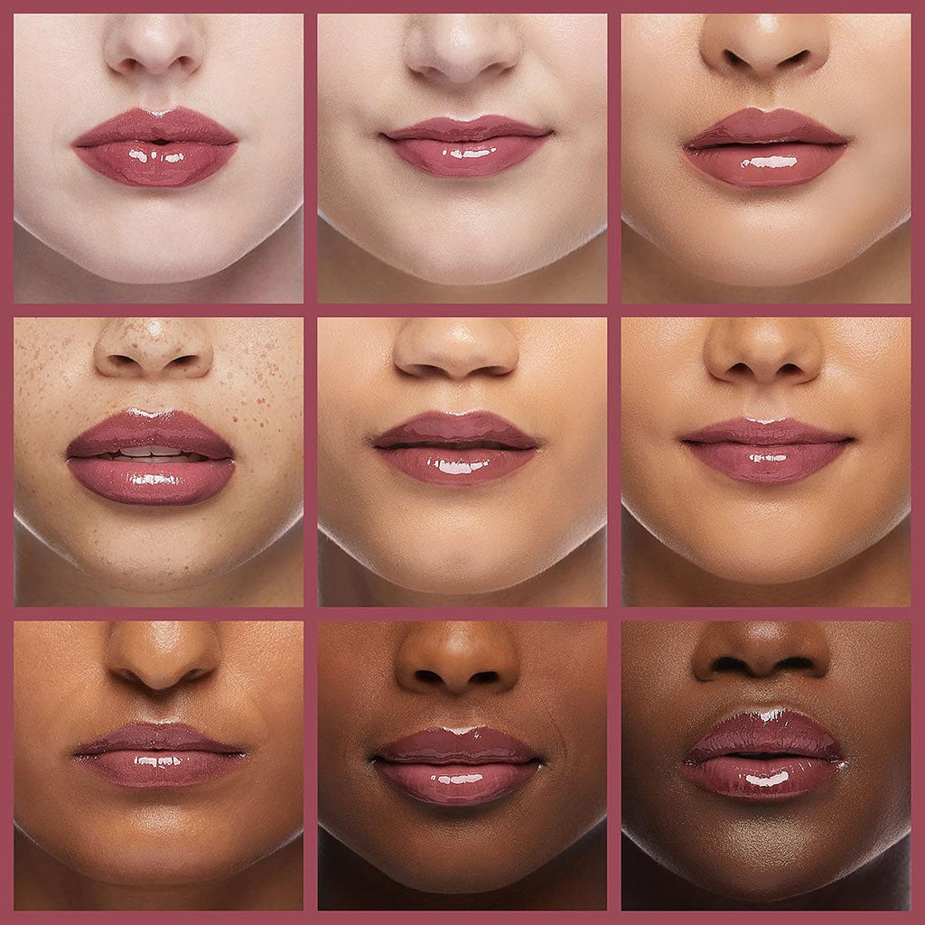 Rimmel Oh My Gloss plump lip gloss in shade Mauve Mama applied on lips, showcasing glossy, smooth lip makeup.