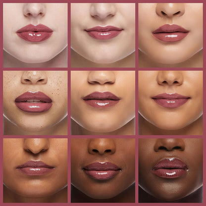 Rimmel Oh My Gloss plump lip gloss in shade Mauve Mama applied on lips, showcasing glossy, smooth lip makeup.