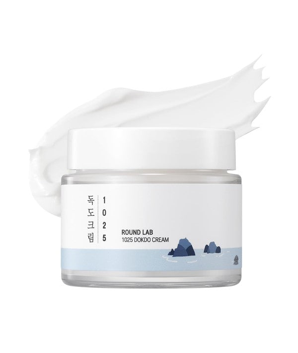 Round Lab 1025 Dokdo Cream, a K-Beauty moisturizer in an 80ml jar with a white and blue label, designed for hydration and skin nourishment.
