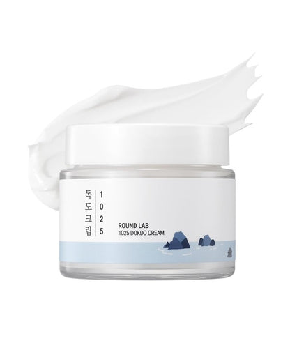 Round Lab 1025 Dokdo Cream, a K-Beauty moisturizer in an 80ml jar with a white and blue label, designed for hydration and skin nourishment.