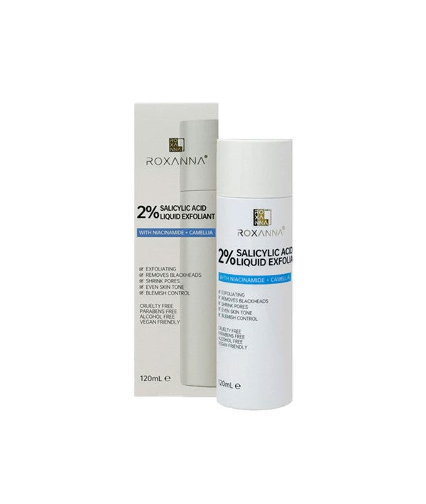 Roxanna 2% Salicylic Acid Liquid Exfoliant in a clear bottle, designed for gentle skin exfoliation and pore clarity.