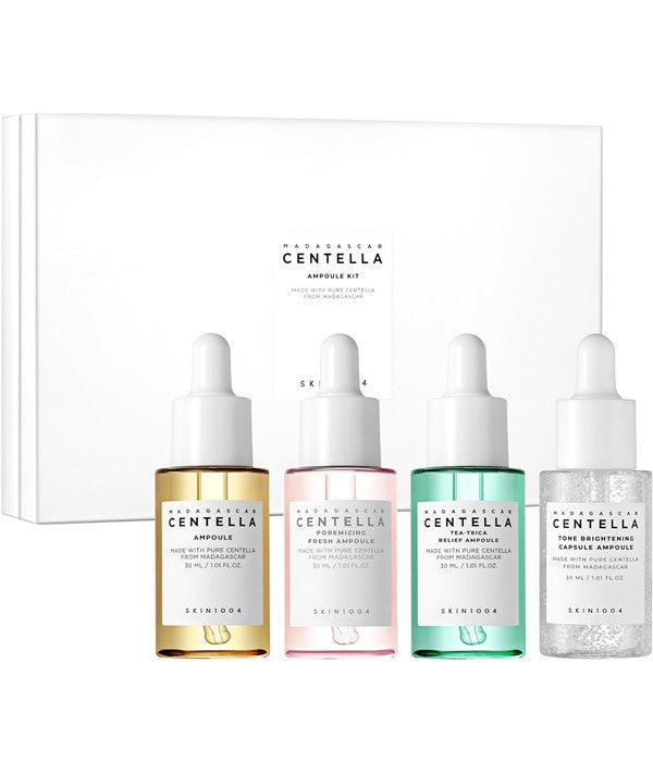 SKIN1004 Madagascar Centella Ampoule Kit featuring skincare ampoules and bottles in a natural setting, ideal for K-beauty routines.
