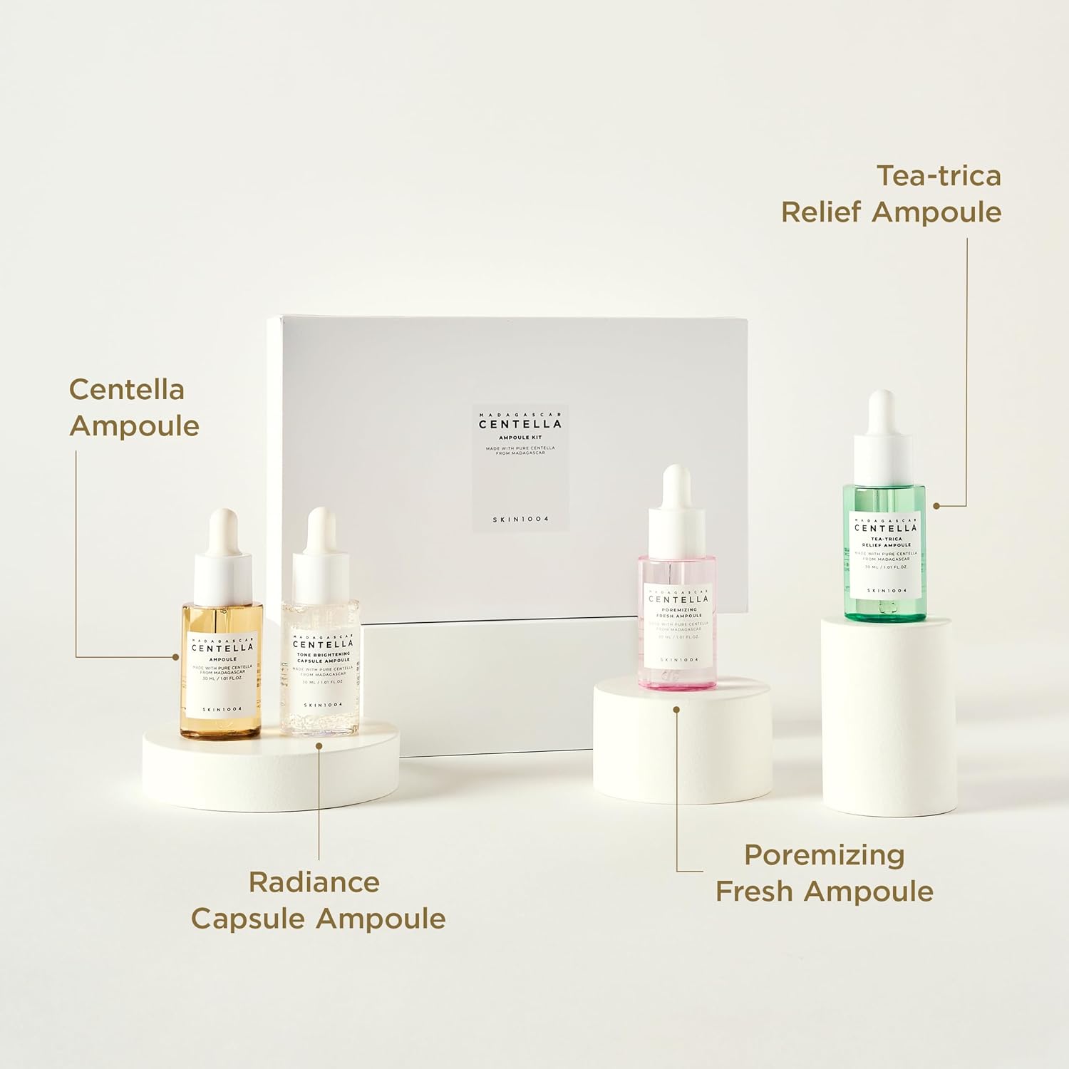 SKIN1004 Madagascar Centella Ampoule Kit featuring skincare ampoules and bundle packaging with natural ingredients.