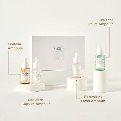 SKIN1004 Madagascar Centella Ampoule Kit featuring skincare ampoules and bundle packaging with natural ingredients.