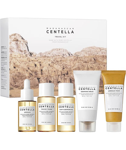 SKIN1004 Madagascar Centella K Beauty travel kit featuring skincare products with Centella for healthy, glowing skin.