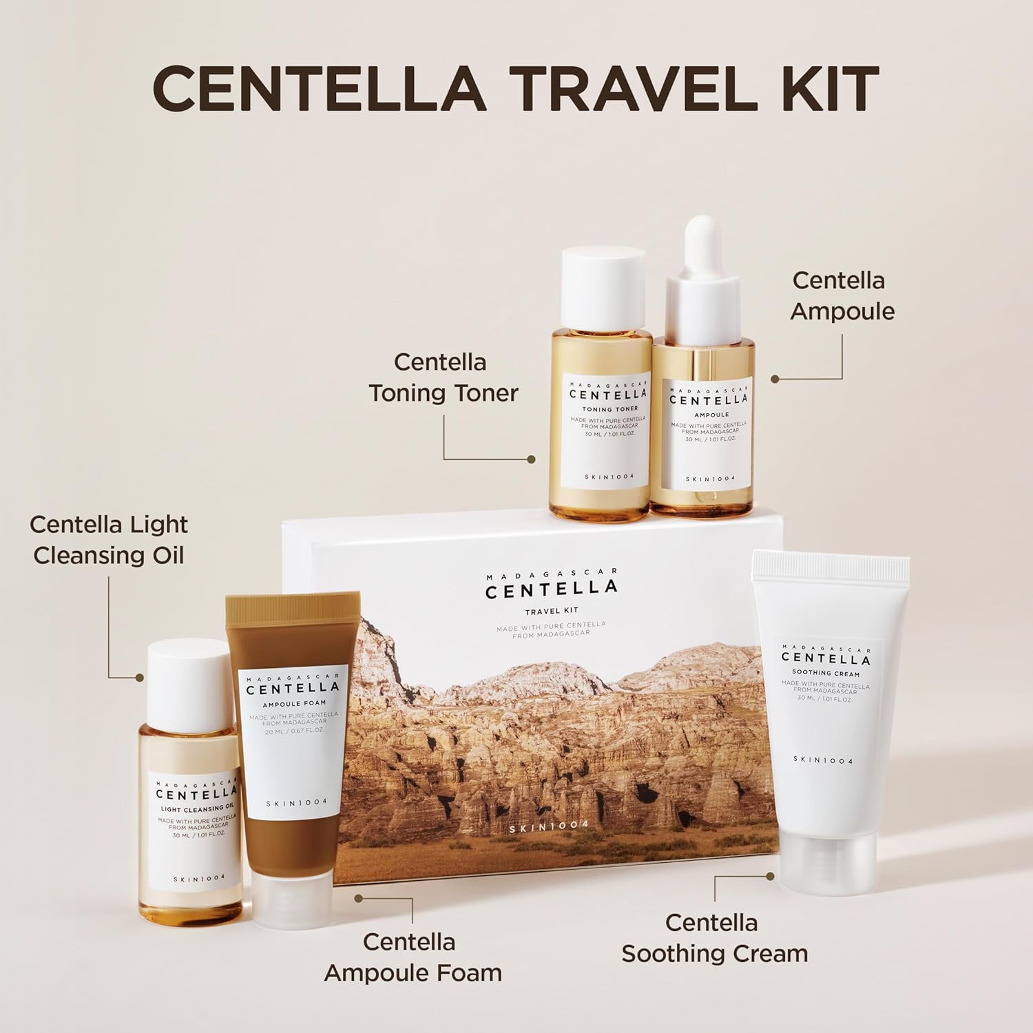 SKIN1004 Madagascar Centella travel kit including skincare bottles and containers for K-beauty skincare routines
