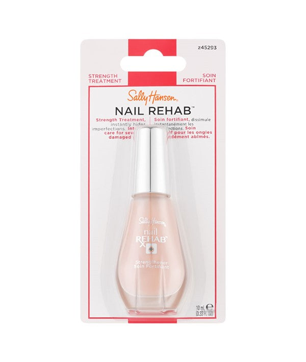 Sally Hansen Nail Rehab Strengthener Treatment bottle with pink cap and clear label, designed to strengthen and repair nails.