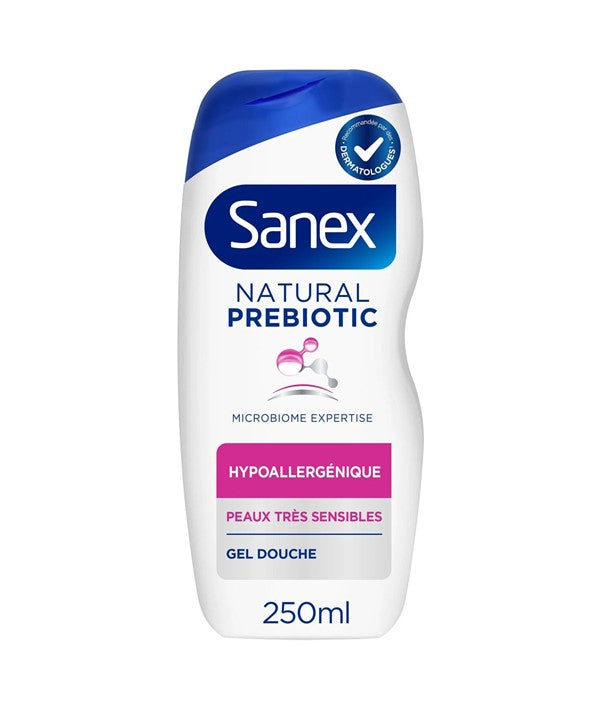Sanex Natural Prebiotic Shower Gel in 250ml bottle, designed for gentle cleansing and skin nourishment during bath and shower.