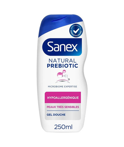 Sanex Natural Prebiotic Shower Gel in 250ml bottle, designed for gentle cleansing and skin nourishment during bath and shower.