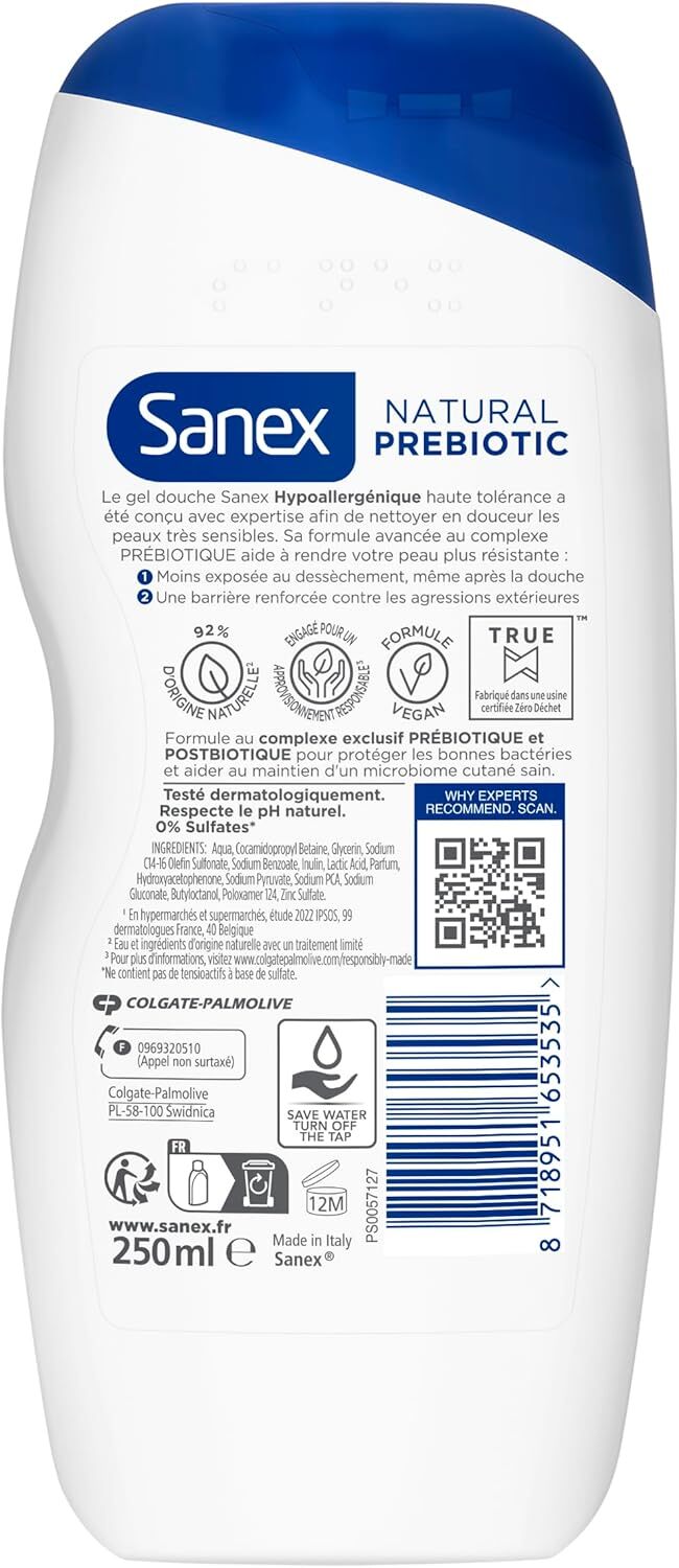Sanex Natural Prebiotic Shower Gel in a 250ml bottle, suitable for bath and shower use, with a clear label and pump dispenser.