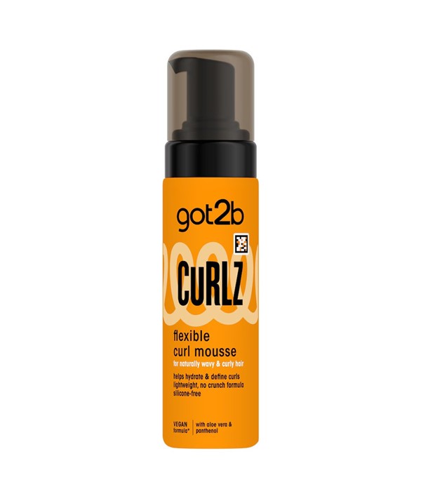 Schwarzkopf Got2b Curlz Flexible Curl Mousse in a pump bottle, showing the hair styling mousse for flexible curls.
