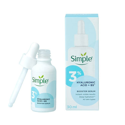 Simple hyaluronic acid and B5 booster serum in a 30ml bottle, a hydrating moisturizer for refreshed, smooth skin.