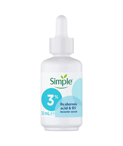 Simple Hyaluronic Acid and B5 Booster Serum 30ml moisturizer bottle with clear packaging and dropper cap.